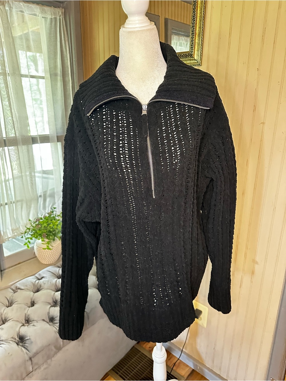 Aerie Black Quarter Zip Mock Neck Knit Sweater Women’s M Oversized Cozy